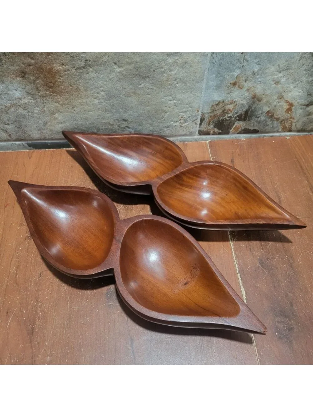 Vintage MCM Monkey Pod Wood 2 Compartment Divided Serving Dish Tray Set of 2